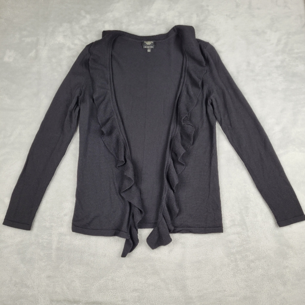 Talbots Womens Cardigan Pure Italian Merino Wool Black Long Sleeve Size S Petite